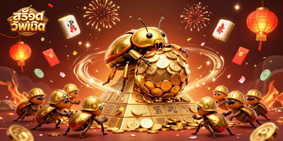 Engage with สล็อตอัพเดท featuring vibrant golden coins and festive elements in a dynamic 3D casino scene.