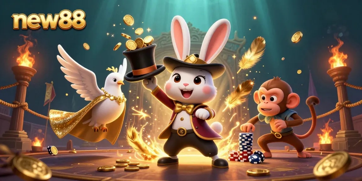 Experience the excitement of new88 with a magician rabbit and friends immersed in a vibrant casino scene.