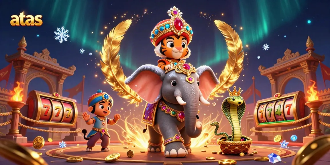 Play at ATAS Casino with vibrant gaming elements and a majestic elephant in a dynamic scene.