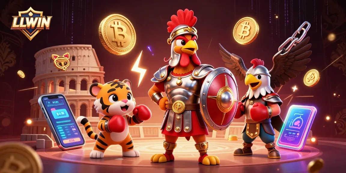 Engage in thrilling gameplay at LLWIN with a dynamic 3D casino scene featuring a gladiator rooster.