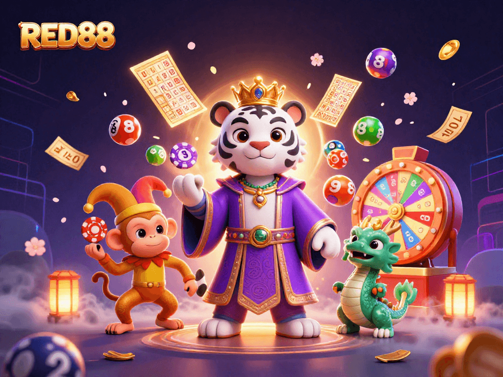 Experience the vibrant world of RED88 gaming with engaging characters and dynamic elements like poker chips and lottery balls.
