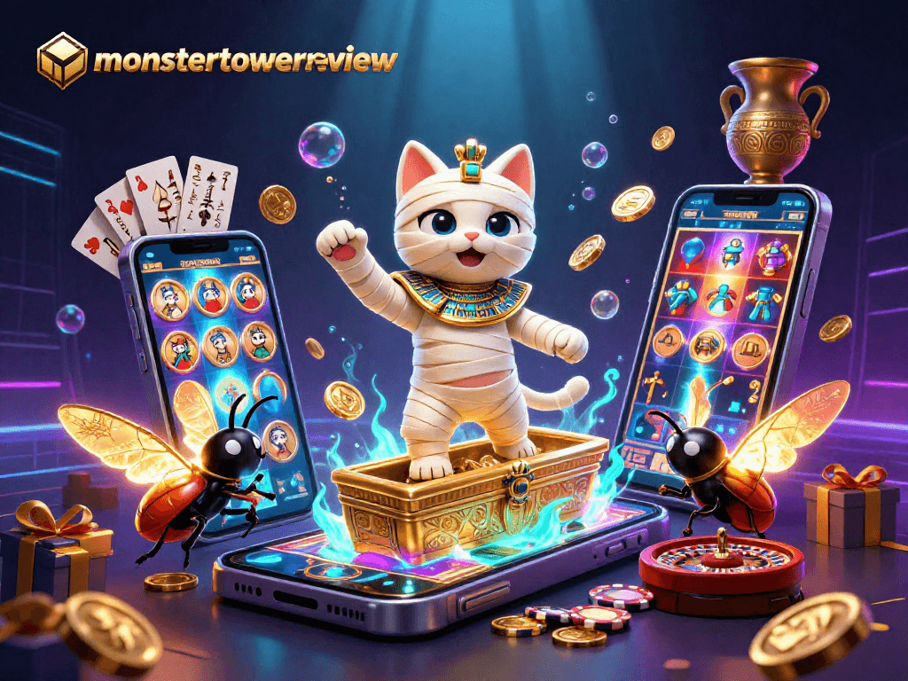 Experience the thrill of gaming with monstertowerreview's vibrant, dynamic casino scene featuring layered gaming elements.
