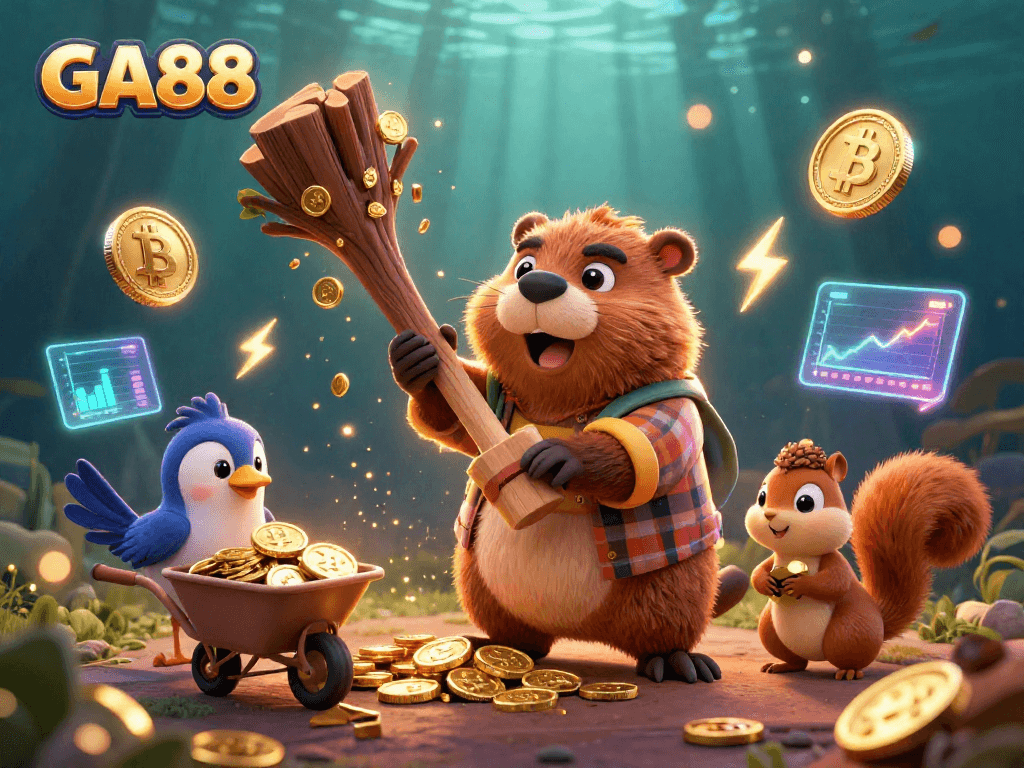 Experience the excitement of GA88 as a lumberjack beaver collects golden coins amidst a vibrant casino scene.