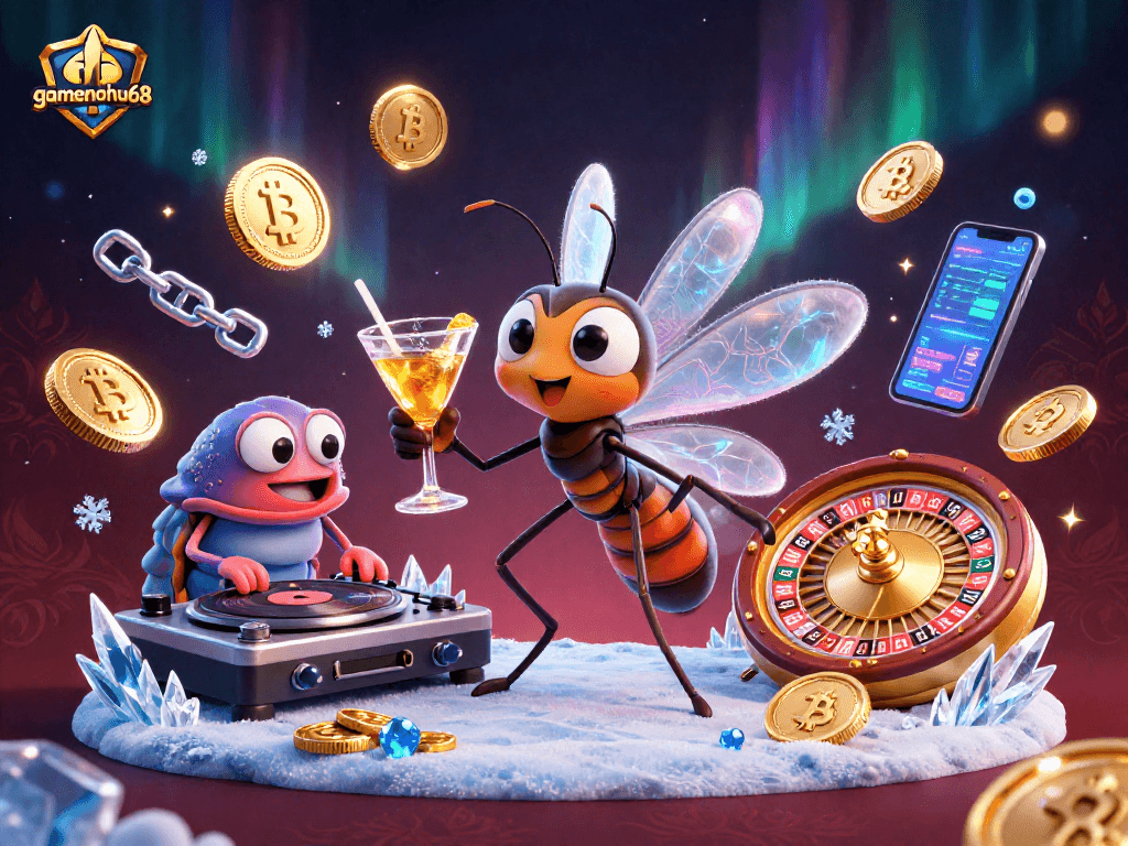 Engage with gamenohu68's vibrant casino scene featuring unique characters and crypto elements.