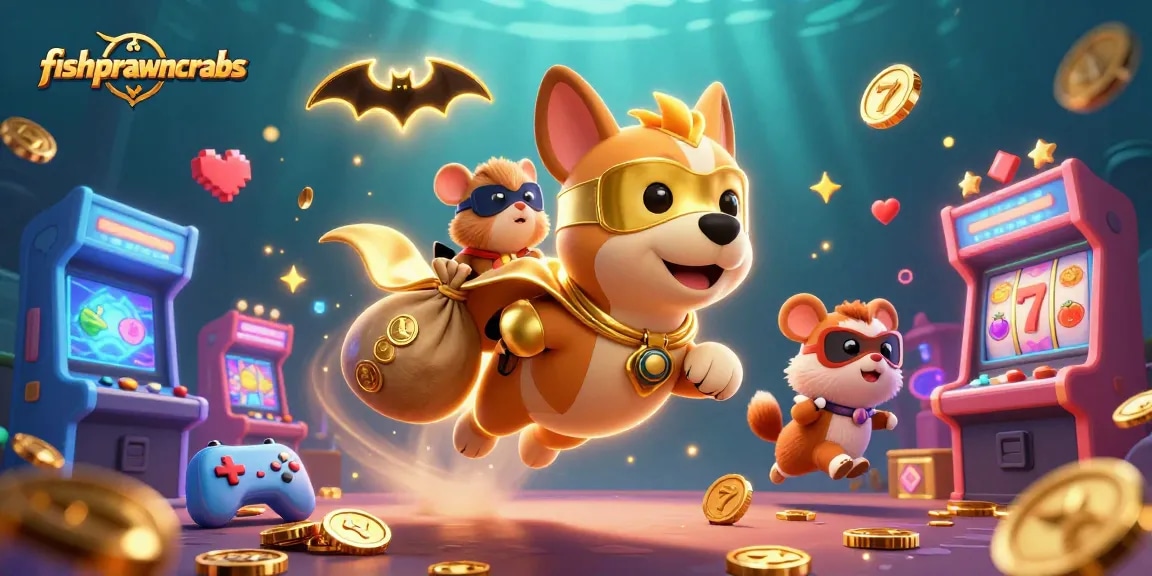 Engage in fishprawncrabs with a superhero dog and hamster amidst vibrant slot gaming chaos.