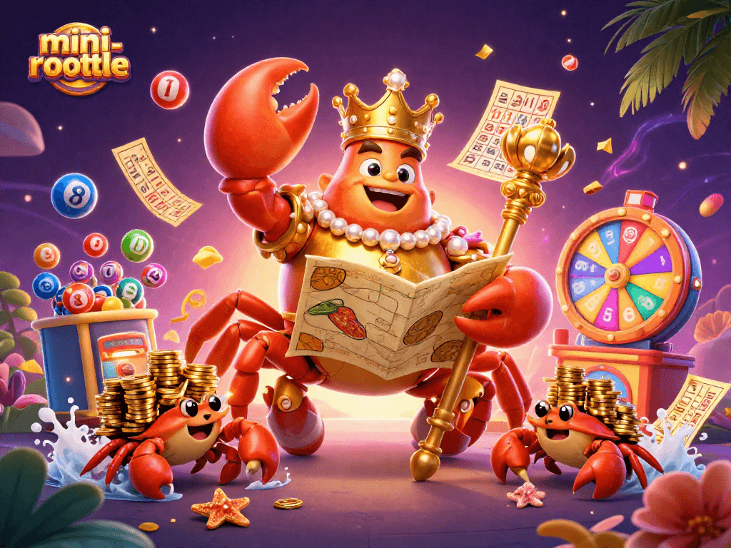 Engage in mini-roulette with a vibrant scene of winning elements and a playful golden crab emperor.