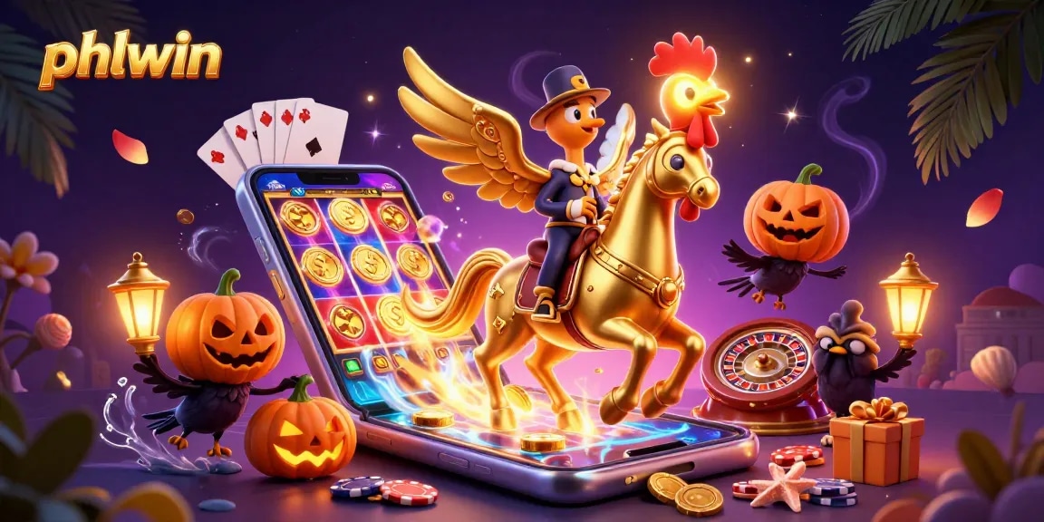 Engage with phlwin's vibrant casino scene featuring the golden rooster and spooky companions amidst festive gaming elements.