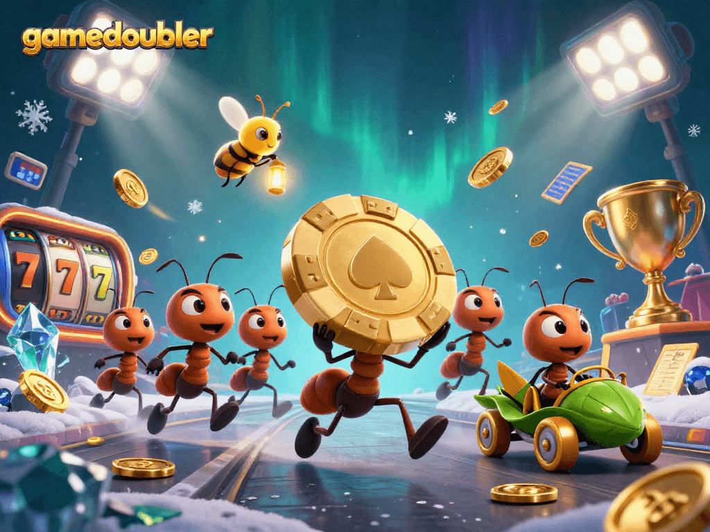 Engage with gamedoubler's thrilling heist scene featuring cartoon ants and vibrant slot visuals.