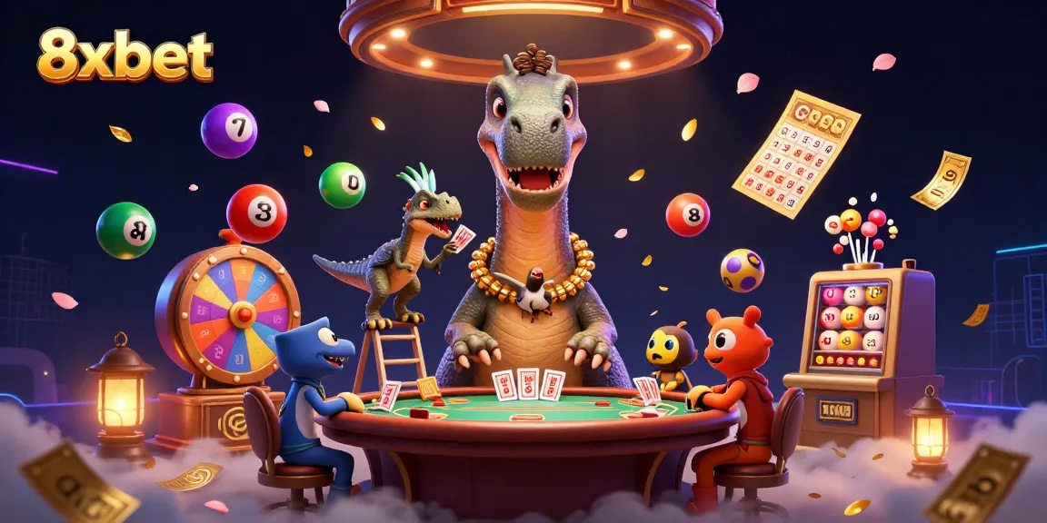 Engage with high-stakes fun at 8xbet, where colorful lottery balls bounce dynamically around a thrilling casino scene.