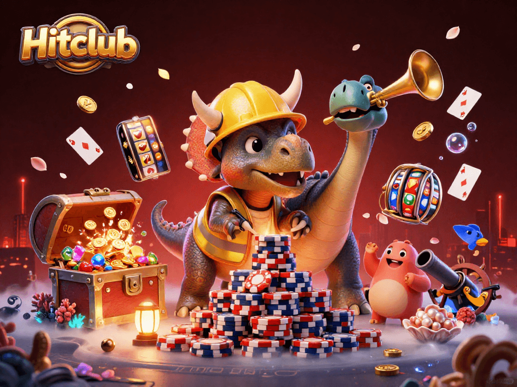 Hitclub showcases a vibrant casino scene with characters and slot reels in a celebratory atmosphere.
