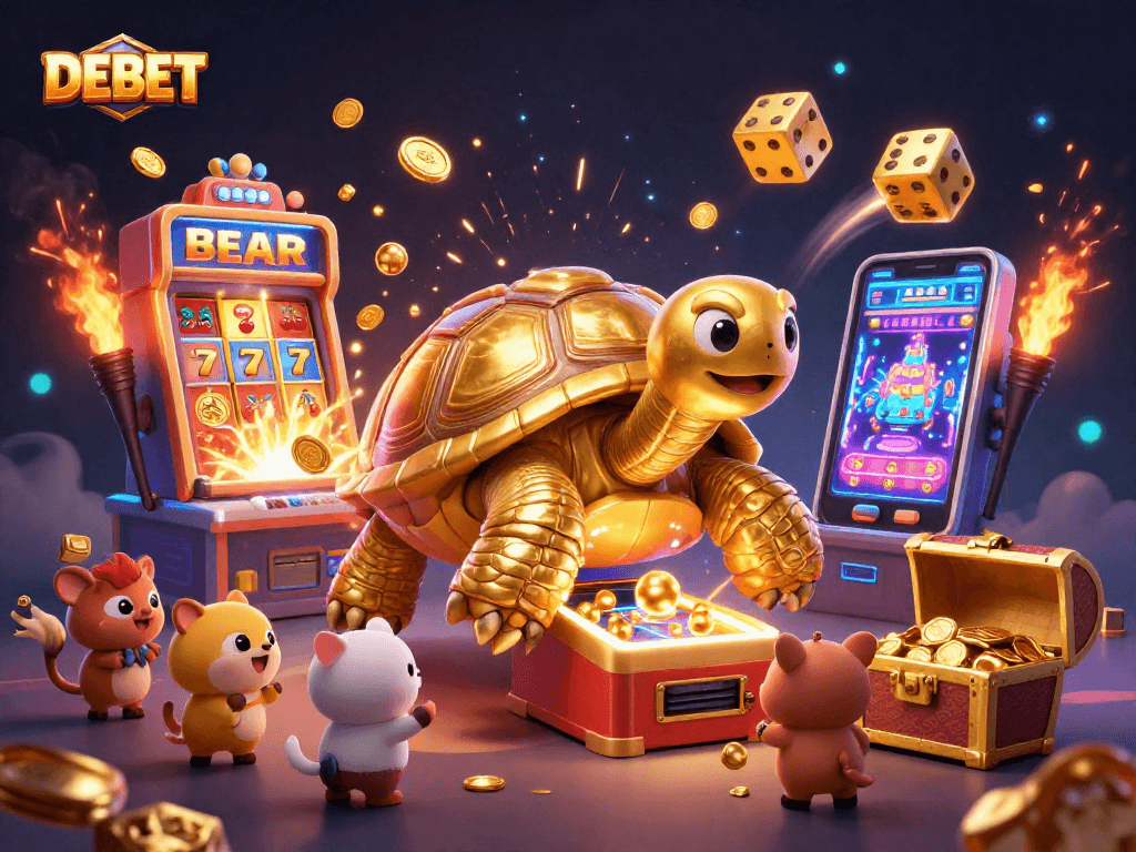 Experience DEBET excitement with a vibrant casino scene featuring a golden tortoise pinball machine.