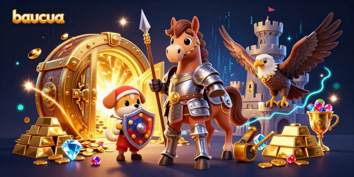 Baucua players engage with vibrant 3D knight and puppy characters amidst treasure and gems.