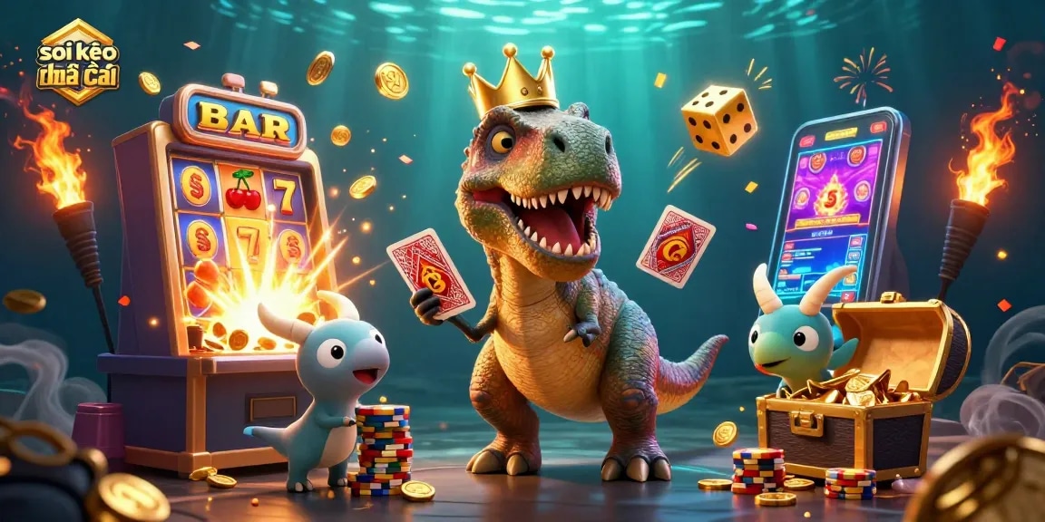 Watch the T-Rex shuffle cards in a vibrant game scene as you engage with soi kèo nhà cái!