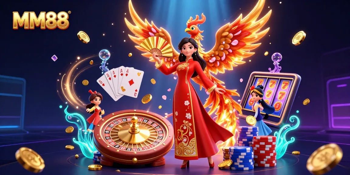 Bet big with MM88 in this vibrant 3D scene showcasing casino elements like roulette, slot machines, and poker chips.