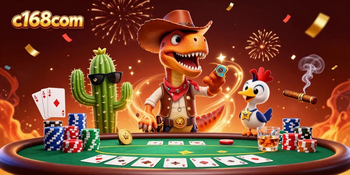 Play poker and win with c168com in a vibrant cowboy dinosaur-themed casino scene.