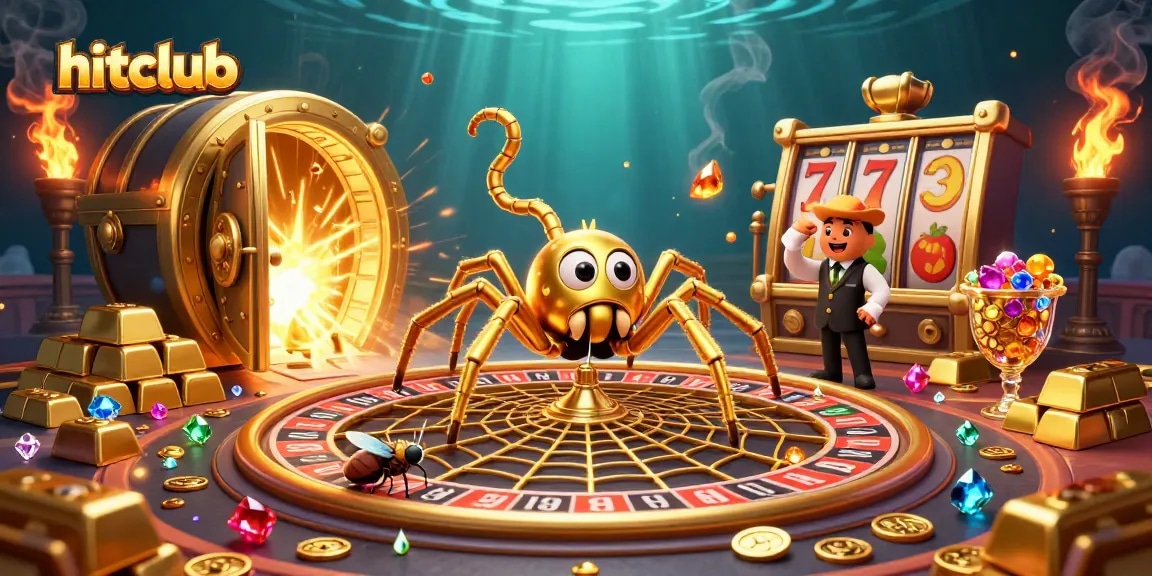 Hitclub themed illustration featuring a spider spinning a roulette wheel web in a vibrant casino scene.