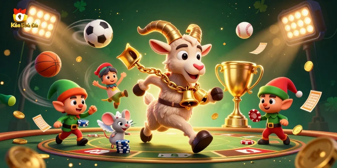 Kèo Nhà Cái showcases a thrilling casino scene with festive characters and dynamic sports elements.