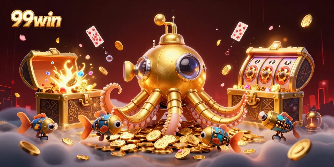 Experience thrilling gameplay with 99win's vibrant 3D illustration featuring exciting slots and nautical adventures.