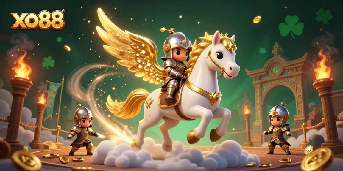 Experience winning excitement at xo88 with a celestial horse and knight amid gold tokens and stardust.