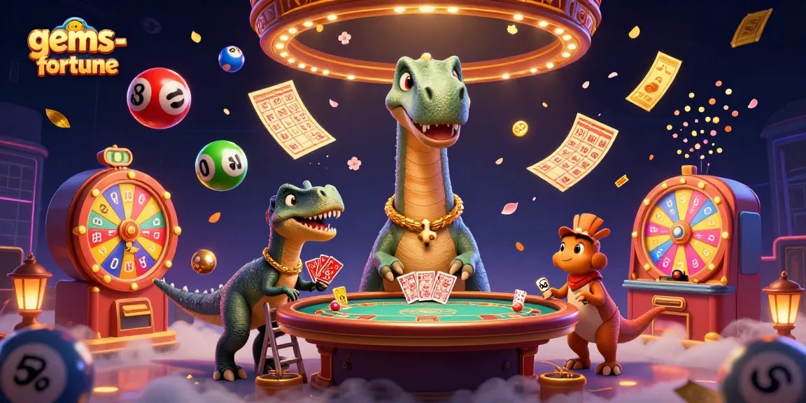 Spin to win with gems-fortune in this vibrant 3D casino illustration featuring dynamic lottery elements.