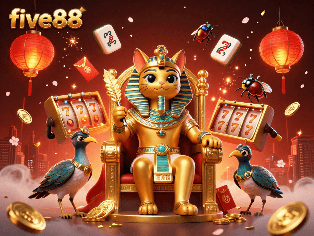 Experience excitement with five88 in this vibrant 3D casino scene featuring lucky symbols and charm.