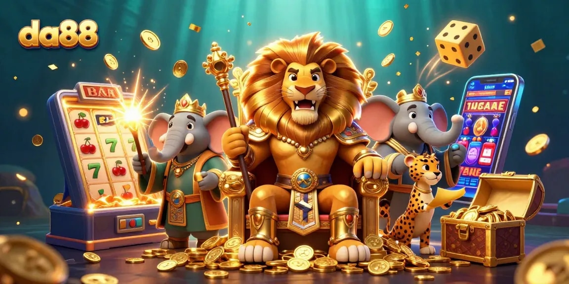 Engage in thrilling da88 gambling action with a lion king, elephant advisor, and cheetah messenger in a vibrant casino scene.