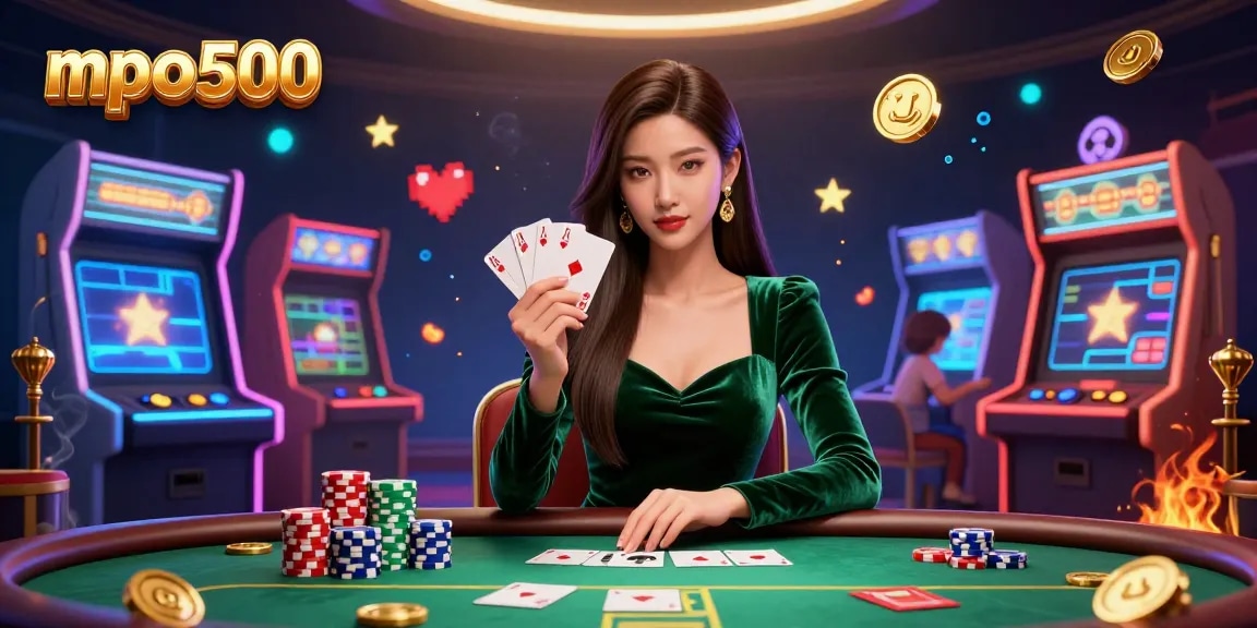 Experience thrilling gameplay at mpo500 with a skilled poker player holding cards amidst vibrant casino elements.