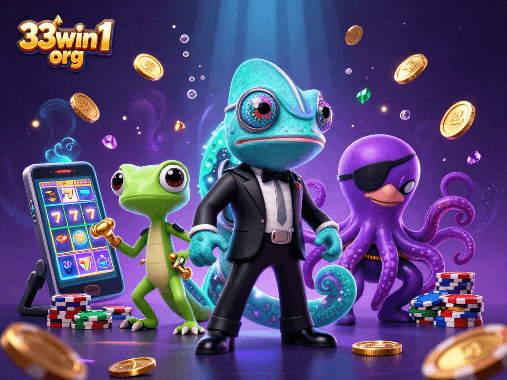 Engage with thrilling games and visuals at 33win1 org, with animated casino characters and slot reels.