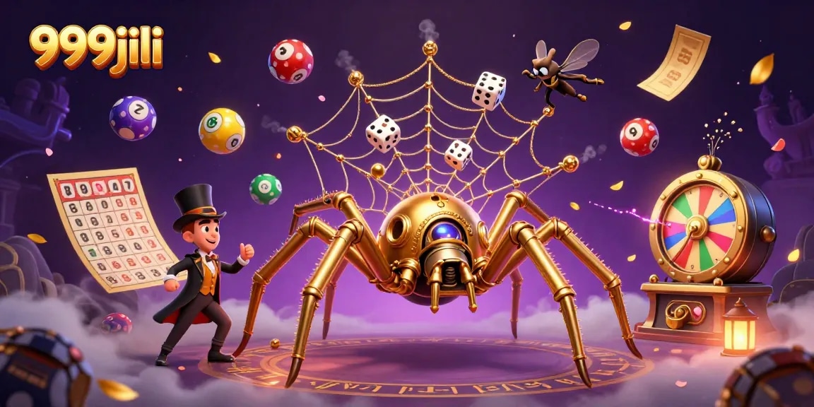 Catch the excitement with 999jili as a steampunk spider entangles dice in a thrilling web of luck.