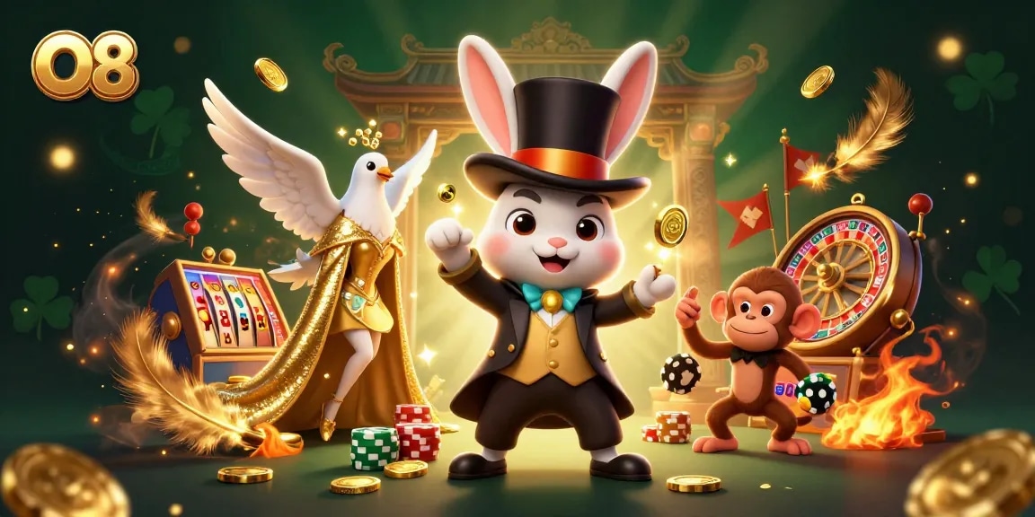 Experience the excitement of O8 casino with a magician rabbit, dove, and monkey amid dynamic gaming elements.