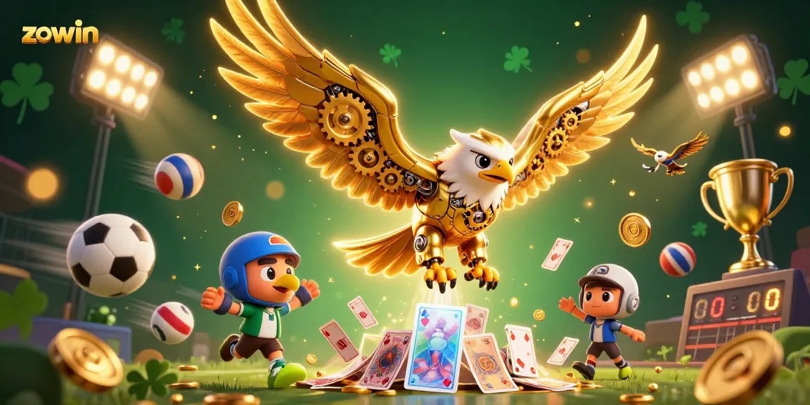 Zowin engages players with exciting casino games, symbolized by a golden eagle soaring through holographic cards.