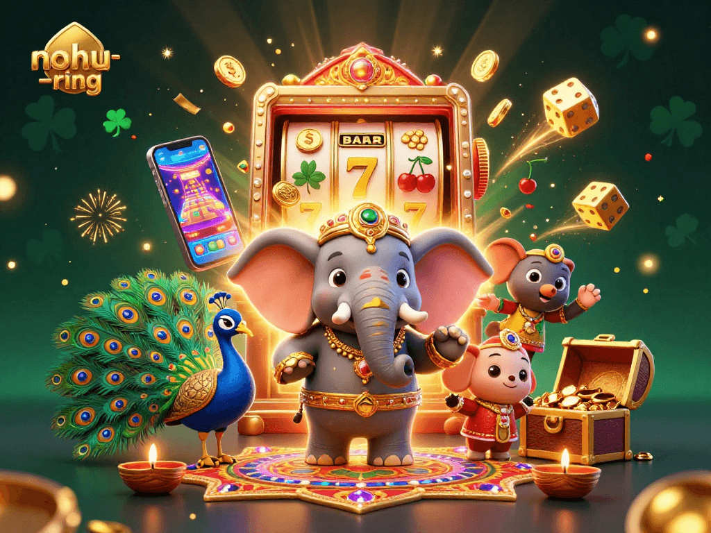 Experience the excitement of nohu-ring with a jackpot explosion and vibrant casino elements.