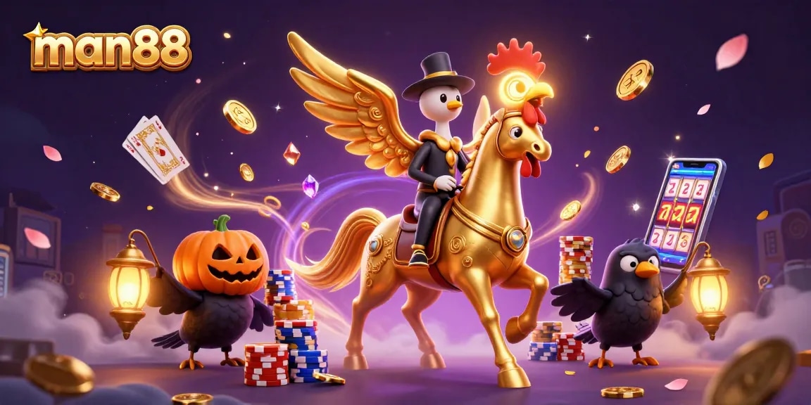 Engage with man88's vibrant casino scene featuring a golden rooster amidst cascading coins and sparkling gems.