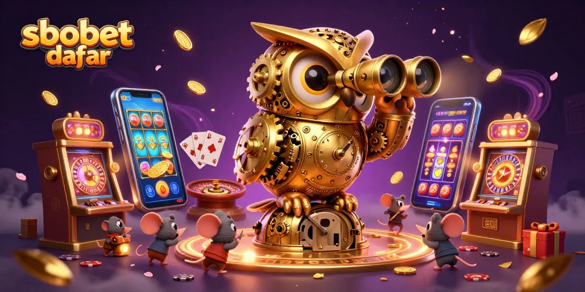 Experience sbobet daftar with a golden owl scanning an engaging casino scene filled with exciting elements.