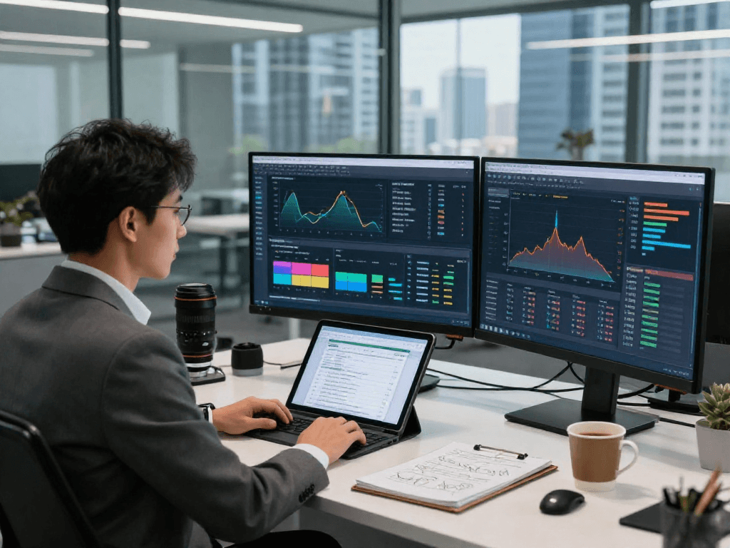 Advanced document fraud detection analysis in a modern office featuring high-tech monitors and risk assessment tools.