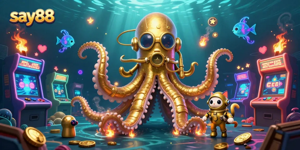 Experience the excitement at say88 with the kraken and diving cat surrounded by vibrant casino elements.