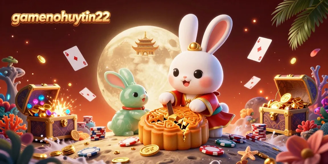 Engage with gamenohuuytin22 through this vibrant 3D illustration showcasing a moon rabbit and poker elements.