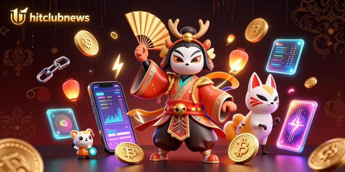Engage with hitclubnews on a thrilling 3D illustration featuring kabuki warriors and crypto elements.
