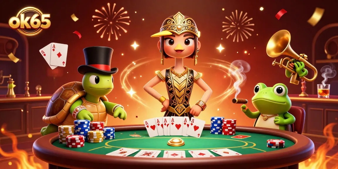 Engage with the vibrant scene at ok65 featuring poker action, a lively speakeasy atmosphere, and cartoon characters.