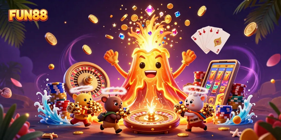 Experience thrill with FUN88 as cartoon volcano erupts treasures in vibrant casino adventure.