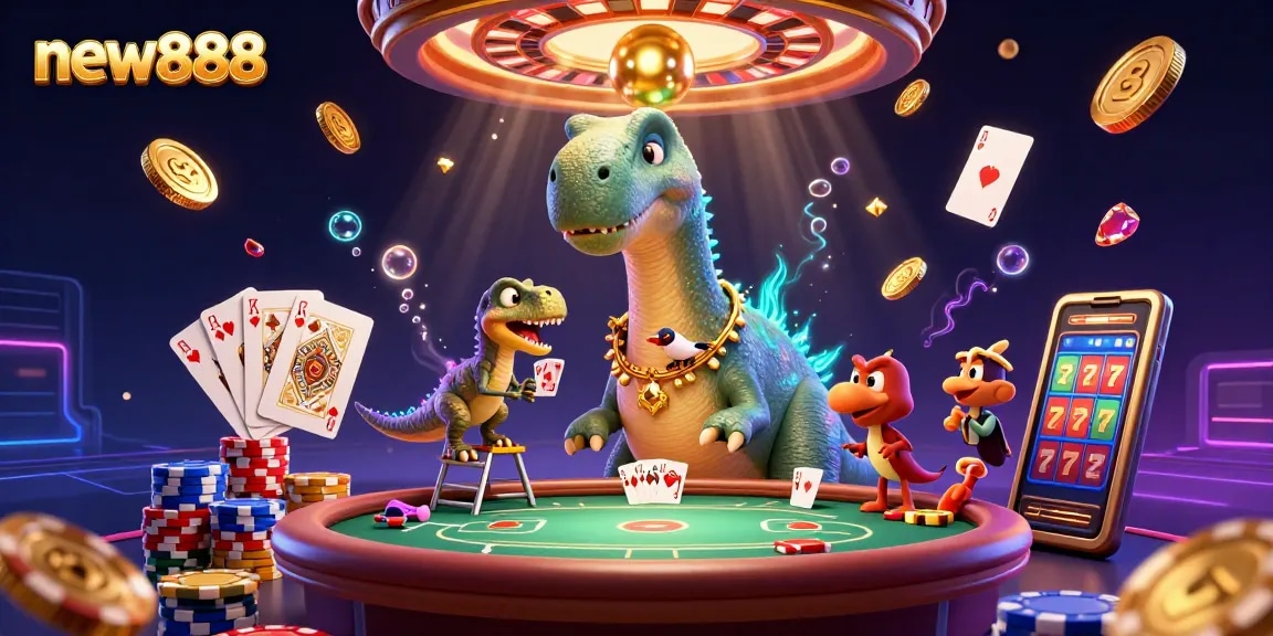 Experience fun with new888 as a 3D brontosaurus observes a vibrant casino scene filled with lively elements.