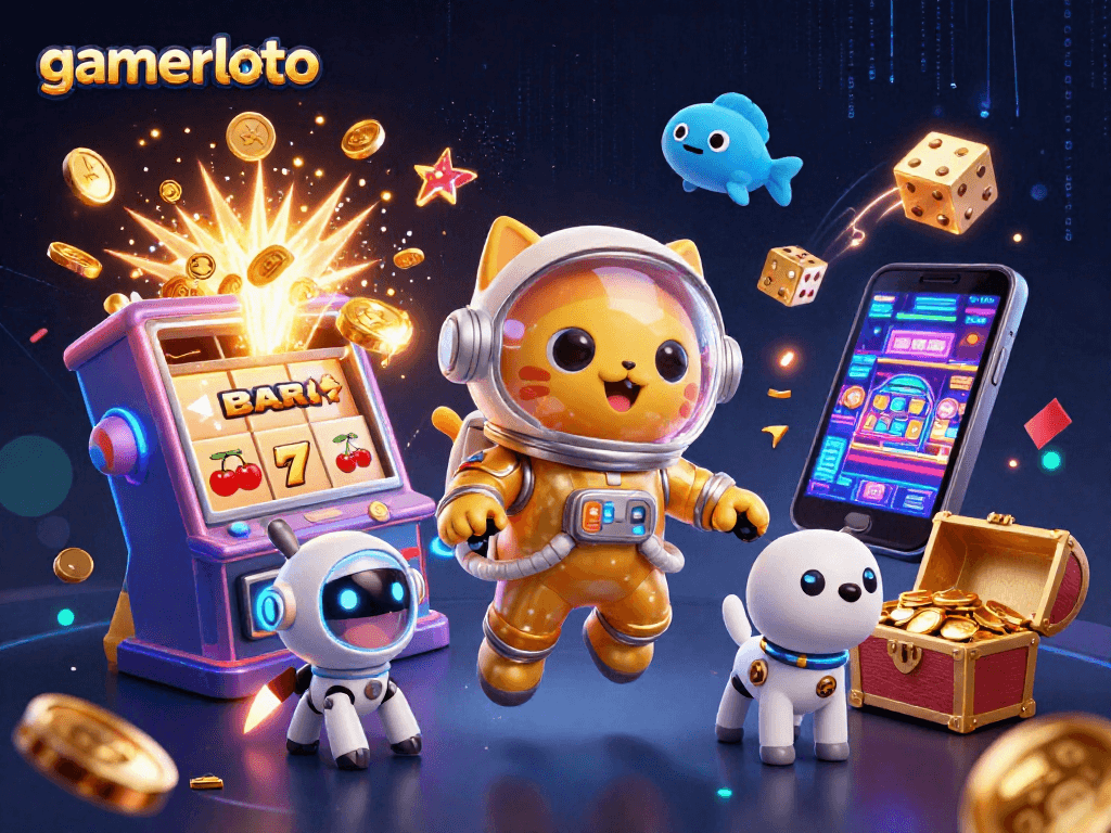 Experience gamerloto's adventure with a space cat and robot dog under a cosmic jackpot explosion!