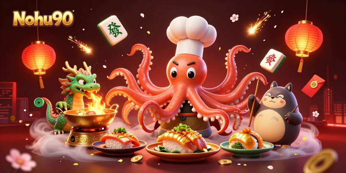 Nohu90 showcases an engaging casino scene with vibrant characters surrounded by exciting game elements and rich visuals.