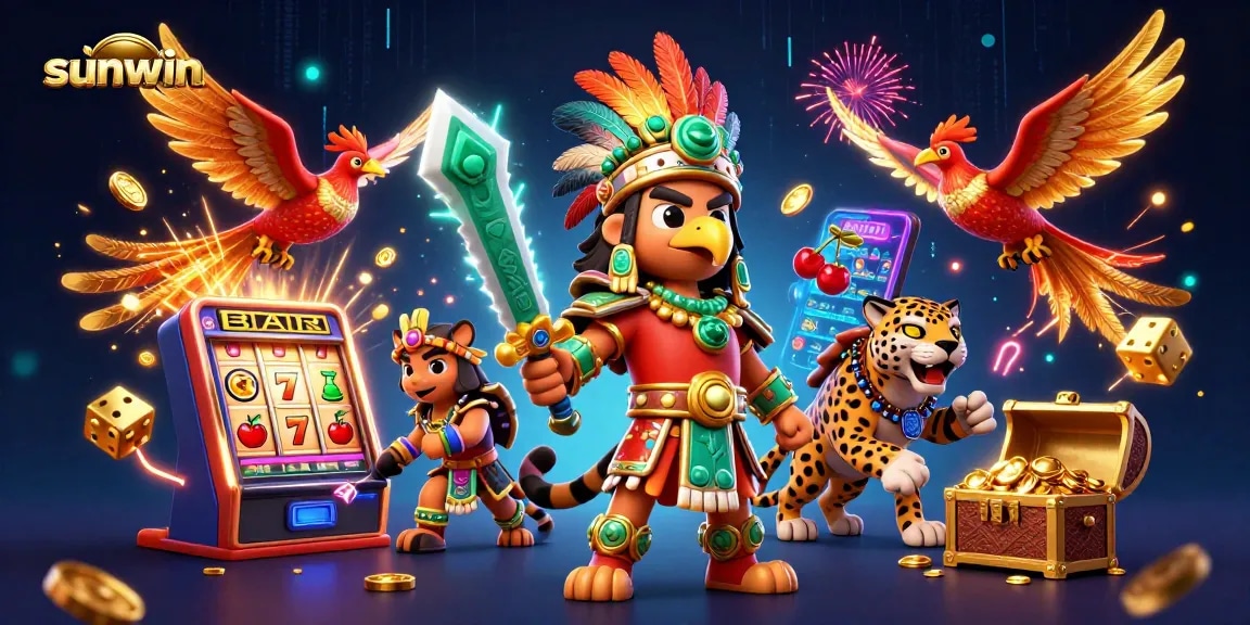 Sunwin jackpot slot adventure with Aztec warriors, jaguar, and casino elements bursting with excitement.