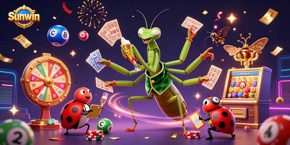 Sunwin casino scene with a praying mantis dealer and ladybug pit boss amidst vibrant gambling elements.