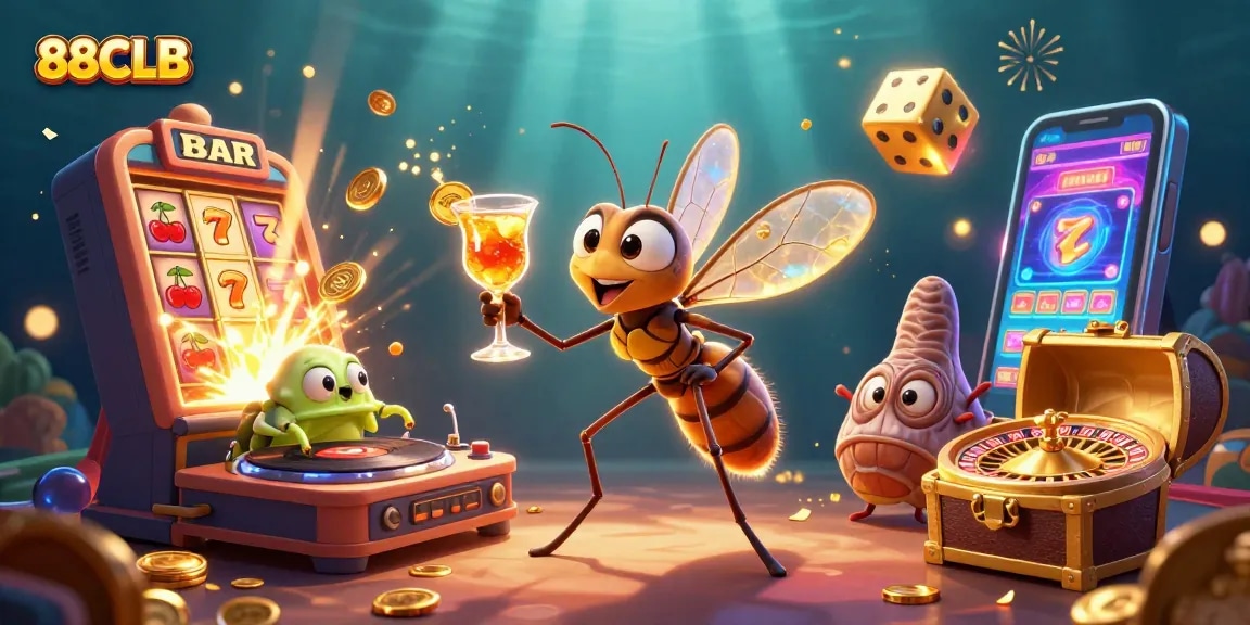Experience the vibrant excitement at 88CLB with an animated casino scene featuring unique characters and game elements.