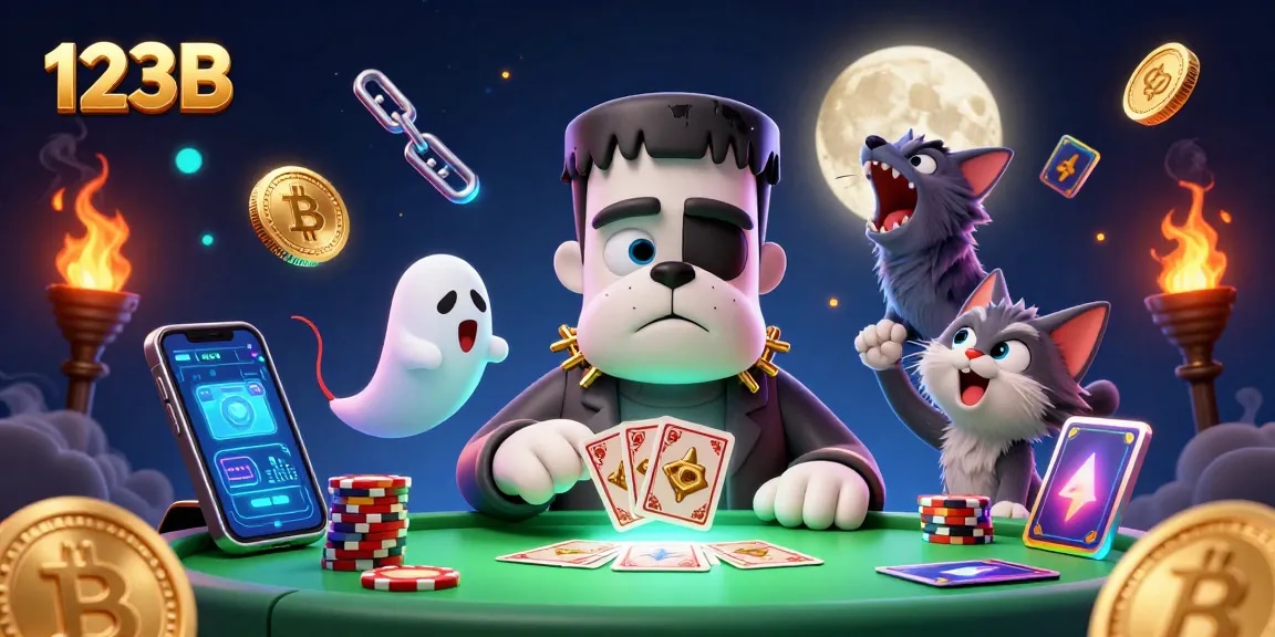 Experience vibrant gaming action with 123B, featuring a whimsical casino scene of characters dealing cards and floating coins.