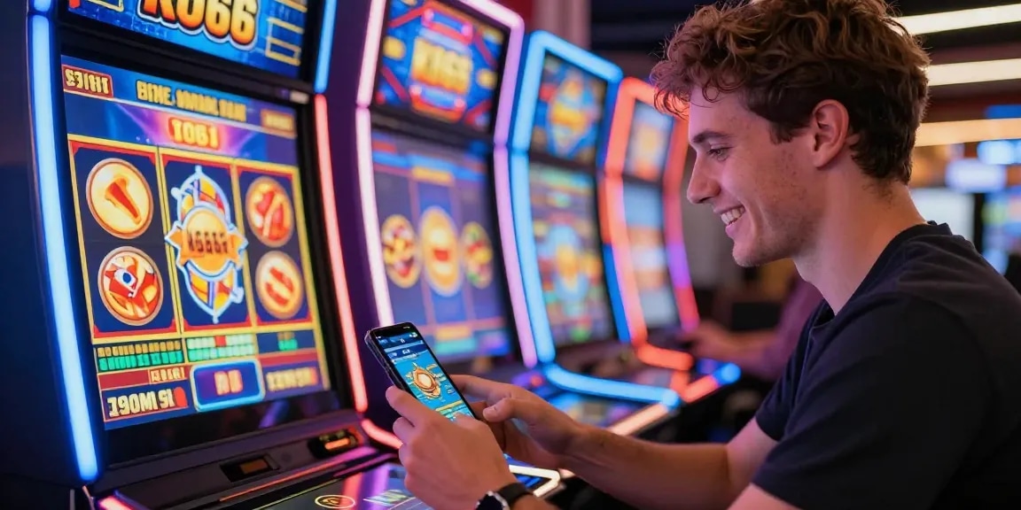 Enthusiastic player engaging with the KO66 online gaming app in a vibrant casino-inspired atmosphere.