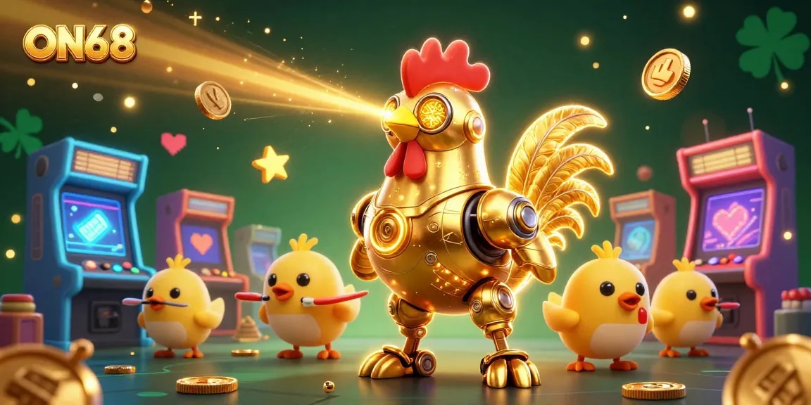 Experience excitement at ON68 with a dynamic illustration showcasing unique characters and arcade game elements.
