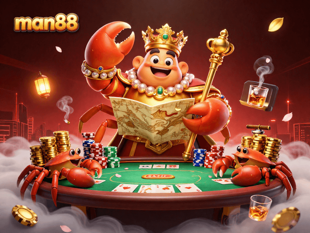 man88 features a golden crab emperor amidst dynamic casino elements, showcasing thrilling gambling action.
